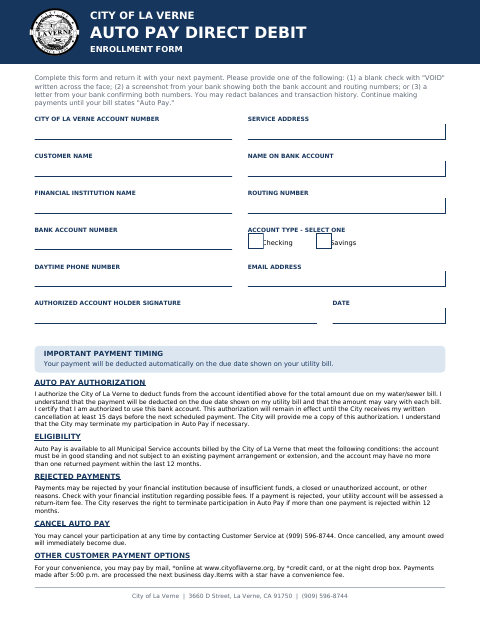 First page of the Auto Pay Direct Debit Enrollment Form