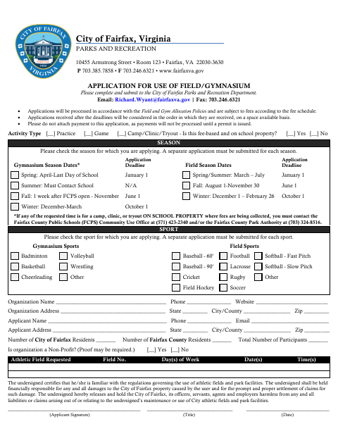 First page of the Application for Use of Field/Gymnasium