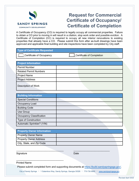 First page of the Request for Commercial Certificate of Occupancy/Certificate of Completion