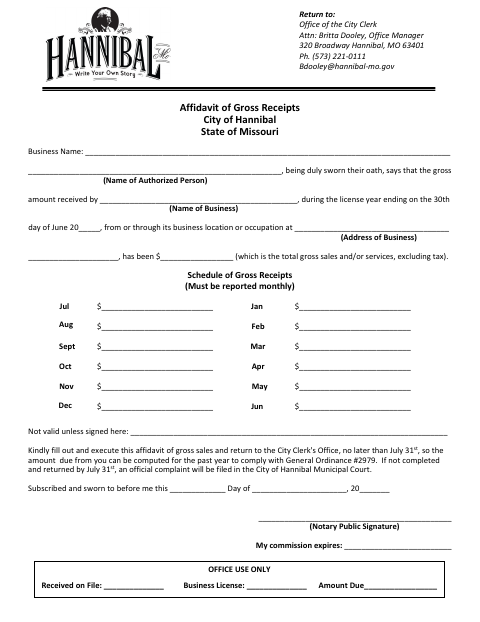 First page of the Affidavit of Gross Receipts