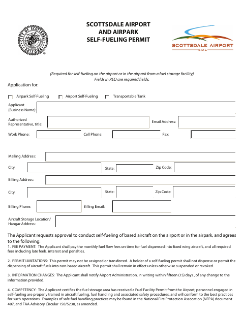 First page of the Airport and Airpark Self-Fueling Permit