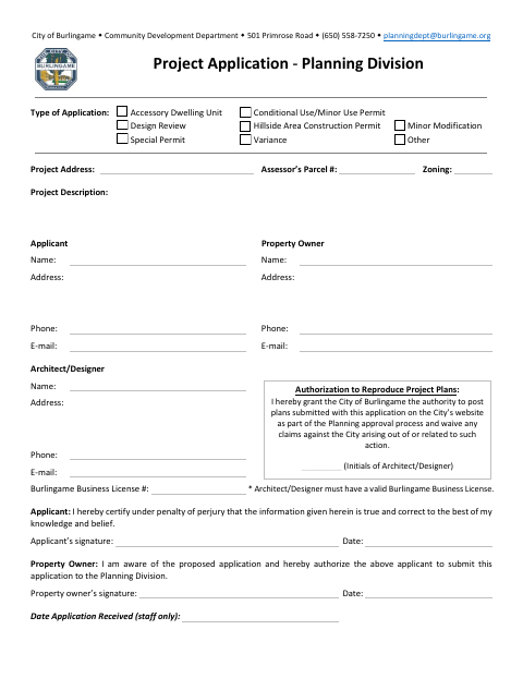 First page of the Project Application