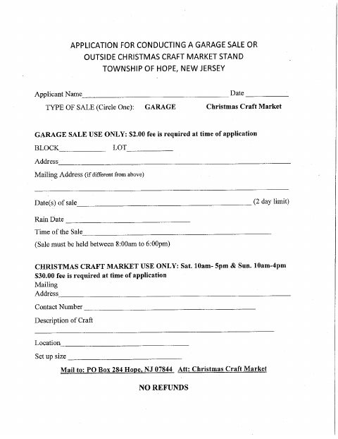 First page of the Christmas Craft Market Garage Sale Application