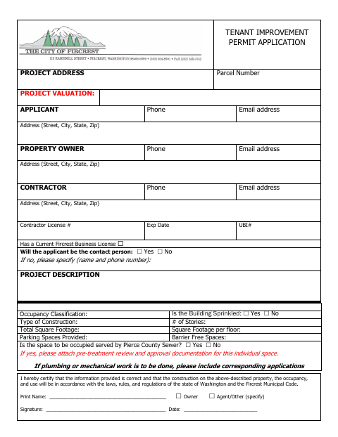 First page of the Tenant Improvement Permit Application