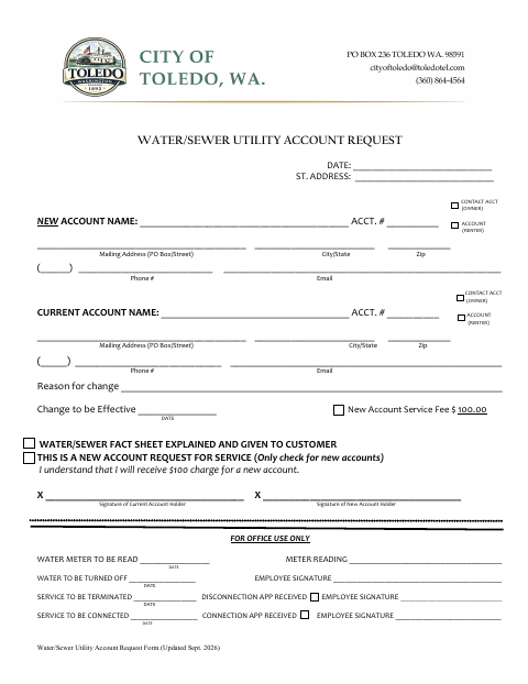 First page of the Water/Sewer Utility Account Request Form