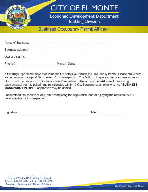 First page of the Business Occupancy Permit Affidavit