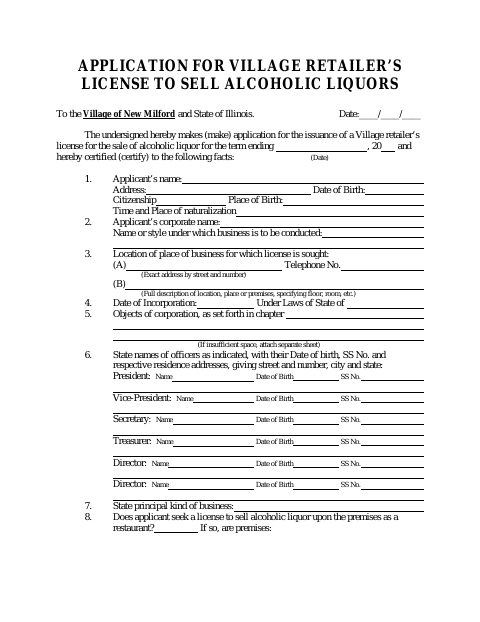 First page of the Application for Village Retailer’s License to Sell Alcoholic Liquors