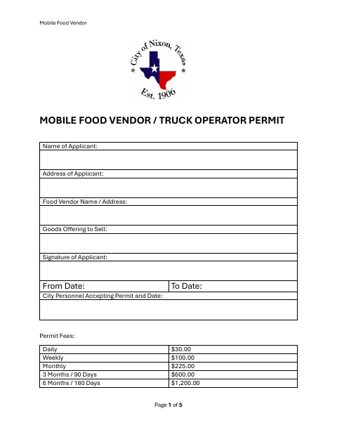 First page of the Mobile Food Vendor / Truck Operator Permit Application