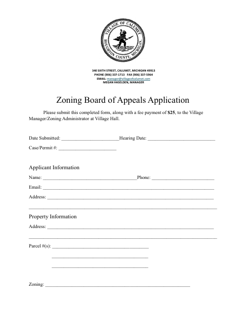 First page of the Zoning Board of Appeals Application