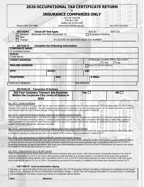 First page of the 2026 Insurance Companies Occupational Tax Certificate Return