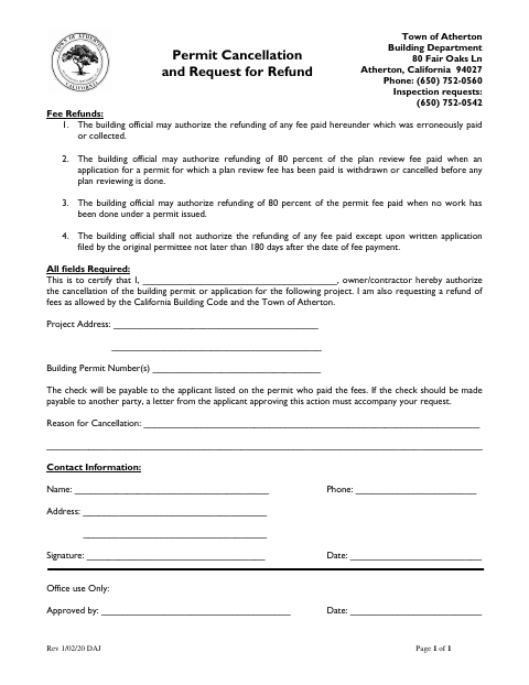 First page of the Building Permit Cancellation and Request for Refund