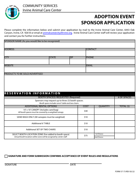 First page of the Adoption Event Sponsor Application