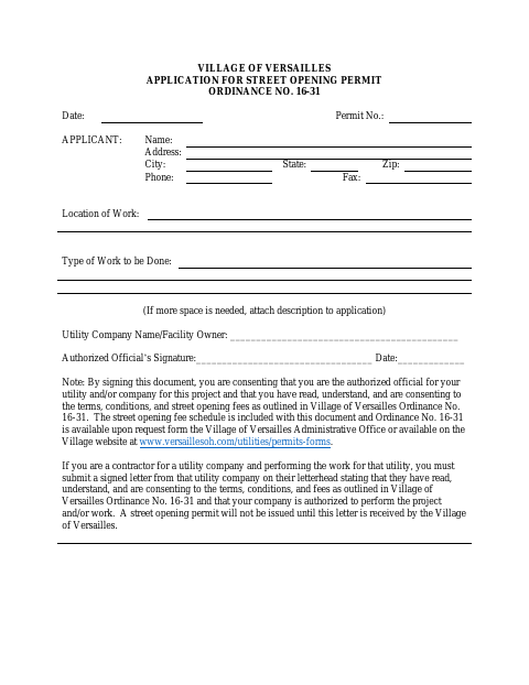 First page of the Application for Street Opening Permit