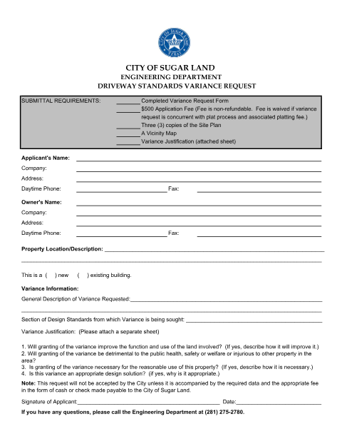 First page of the Driveway Standards Variance Request Form