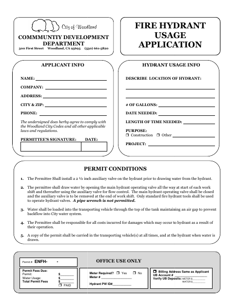 First page of the Fire Hydrant Permit (Construction Water) Application