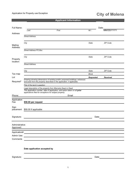 First page of the Application for Property Use Exception