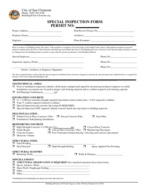 First page of the Special Inspection Form