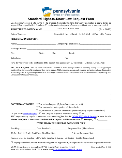 First page of the Standard Right-to-Know Law Request Form