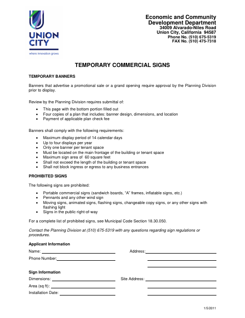 First page of the Temporary Commercial Signs