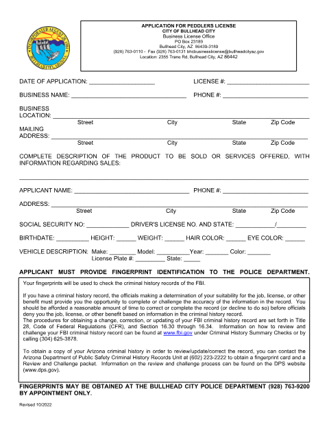 First page of the Peddlers License Application