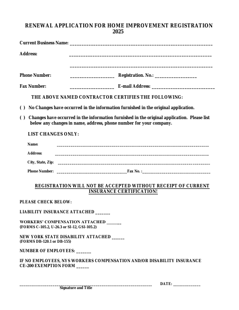 First page of the Renewal Application for Home Improvement Registration