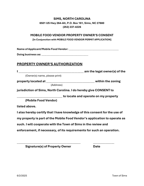 First page of the Mobile Food Vendor Property Owner’s Consent