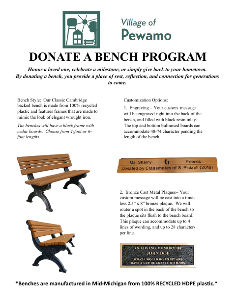 First page of the Donate a Bench Order Form