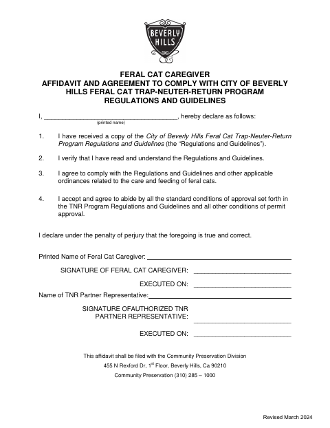 First page of the Feral Cat Caregiver Affidavit and Agreement