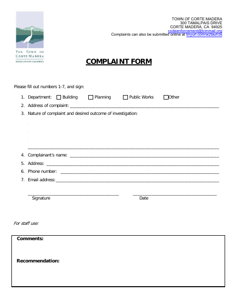 First page of the Complaint Form