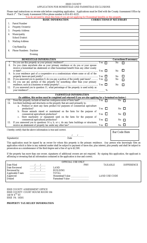 First page of the Application for Homestead and Farmstead Exclusions
