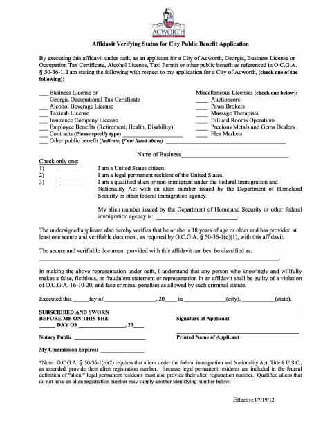 First page of the Affidavit Verifying Status for City Public Benefit Application