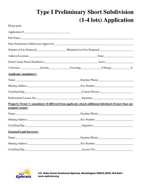 First page of the Type I Preliminary Short Subdivision (1-4 Lots) Application