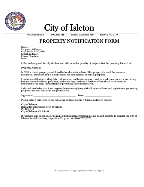 First page of the Property Notification Form