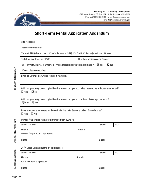 First page of the Short-Term Rental Application Addendum