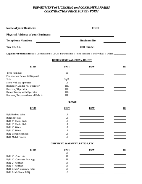 First page of the Construction Price Survey Form