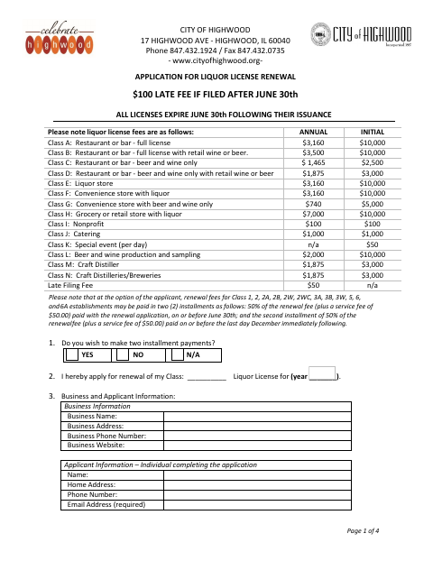 First page of the Liquor License Renewal Application