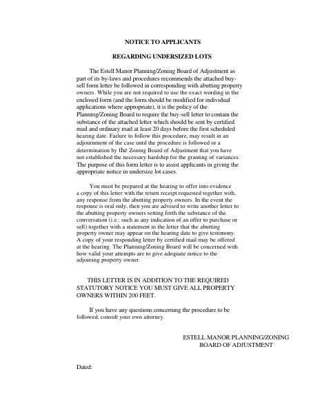 First page of the Notice Regarding Undersized Lots