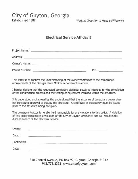 First page of the Electrical Service Affidavit