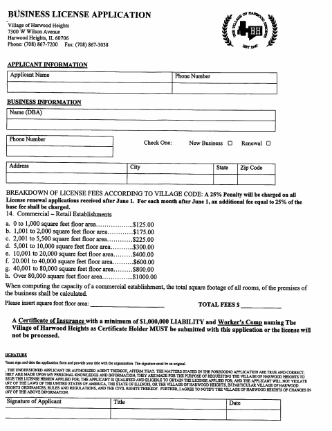 First page of the Business License Application