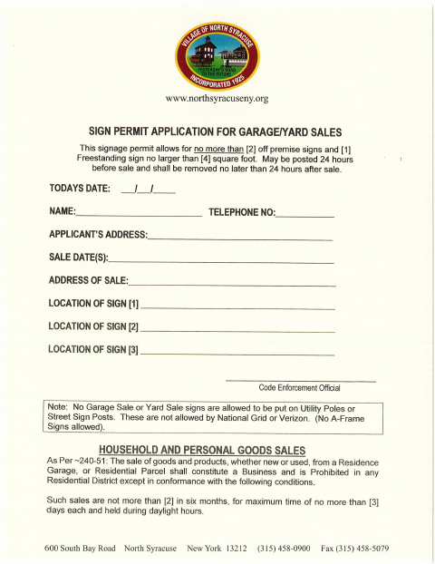 First page of the Sign Permit Application for Garage/Yard Sales