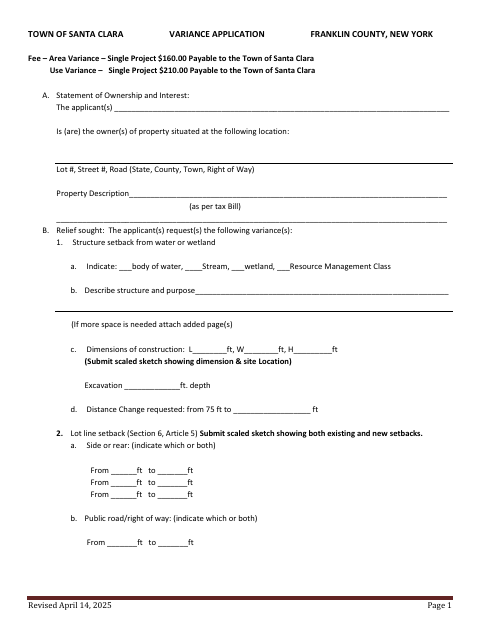 First page of the Variance Application