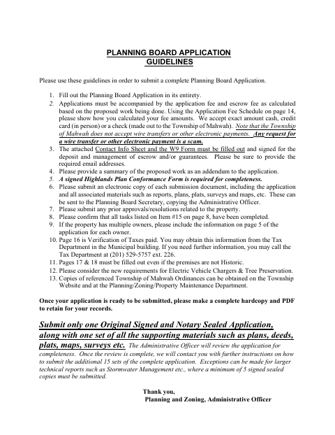 First page of the Planning Board Application