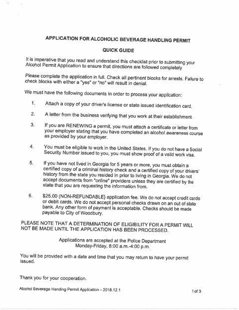 First page of the Alcoholic Beverage Handling Permit Application