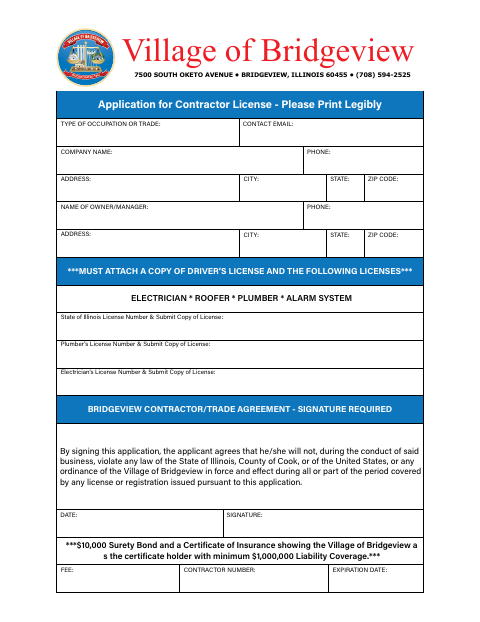 First page of the Application for Contractor License
