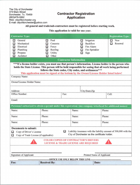 First page of the Contractor Registration Application