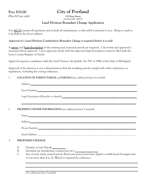 First page of the Land Division / Boundary Change Application