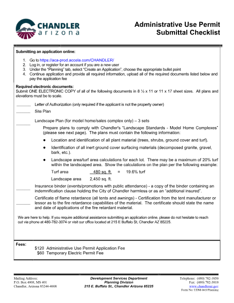 First page of the Administrative Use Permit Submittal Checklist