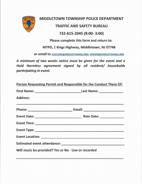 First page of the Block Party Application, Hold Harmless Agreement, and Ordinance
