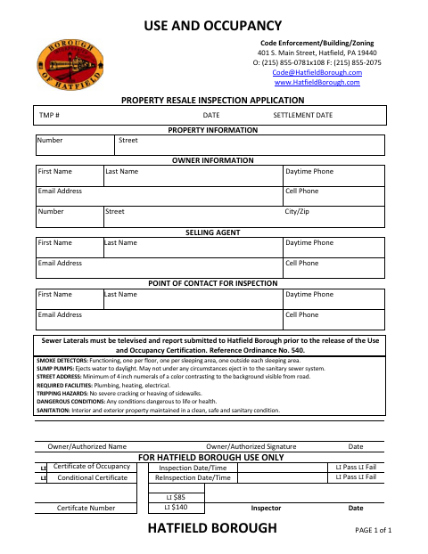 First page of the Property Resale Inspection Application
