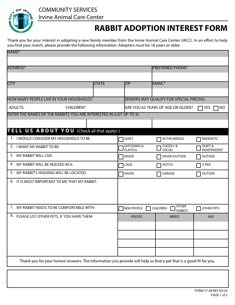 First page of the Rabbit Adoption Interest Form
